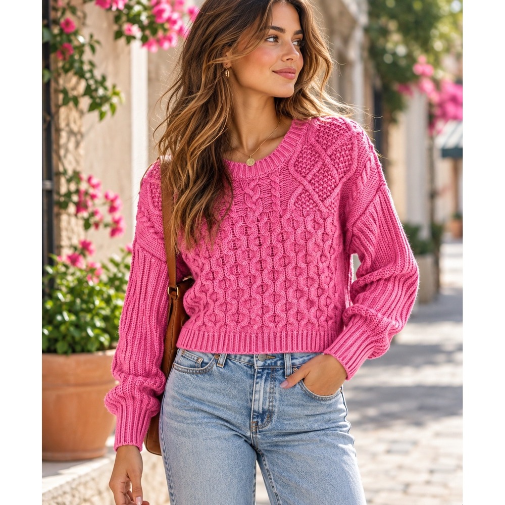 Aeropostale Pink Cable Knit Sweater Womens Medium Crew Neck Ribbed Pullover